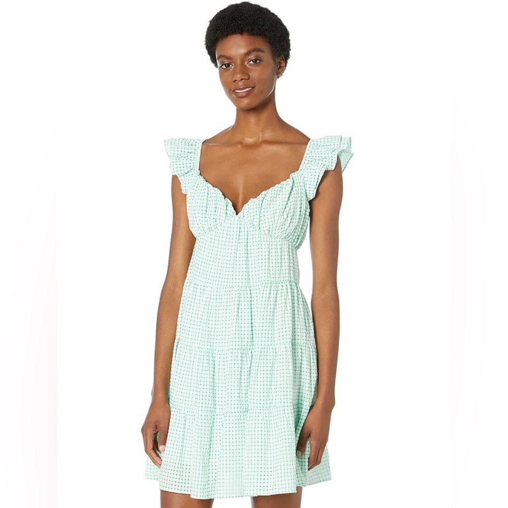 NWT English Factory Cottagecore Green White Gingham Babydoll Minidress S Small